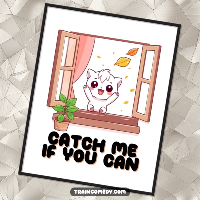 Funny poster depicting a mischievous character comically trying to catch a falling leaf from a window, evoking playful autumn themes.