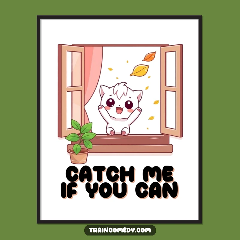 Funny Autumn Chase Poster: Mischievous character's playful pursuit, inspiring art, a perfect funny gift.