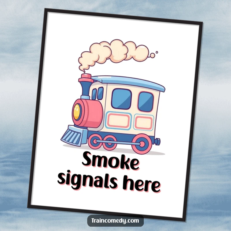 Funny train poster, cheerful train car exhaling vibrant, colorful smoke rings, celebrating forward motion and joy.