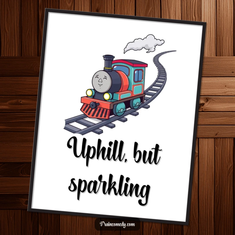 Funny determined train character chugging uphill with sparkling coal, rendered as an inspiring and humorous art print.