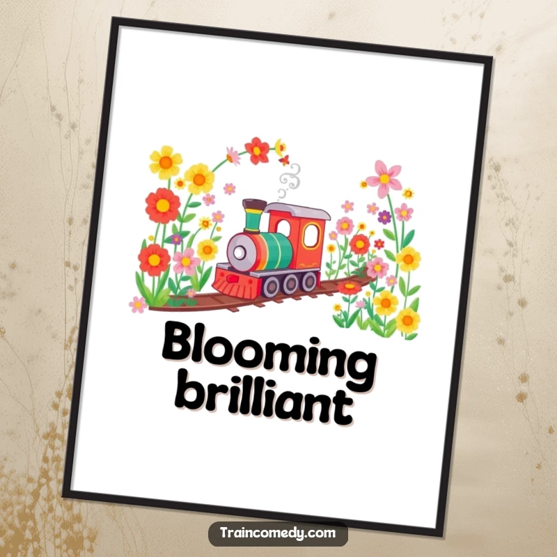 Funny poster capturing a train happily chugging through a vibrant tunnel of blooming flowers, perfect for adding a splash of color and joy.