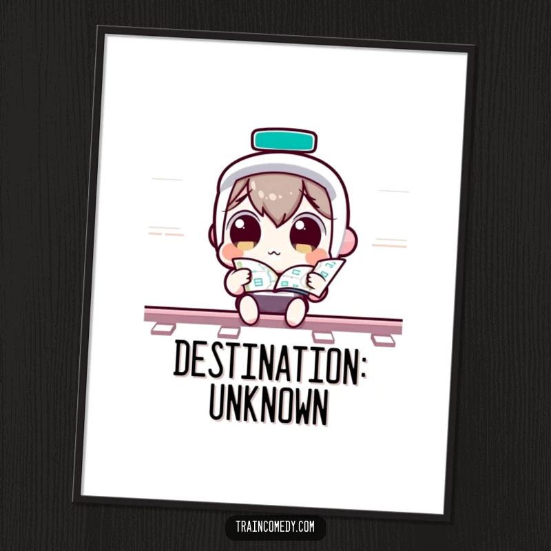 Funny Poster: Wide-eyed Kawaii character curiously examining a train map, inspiring wanderlust, a unique funny gift.