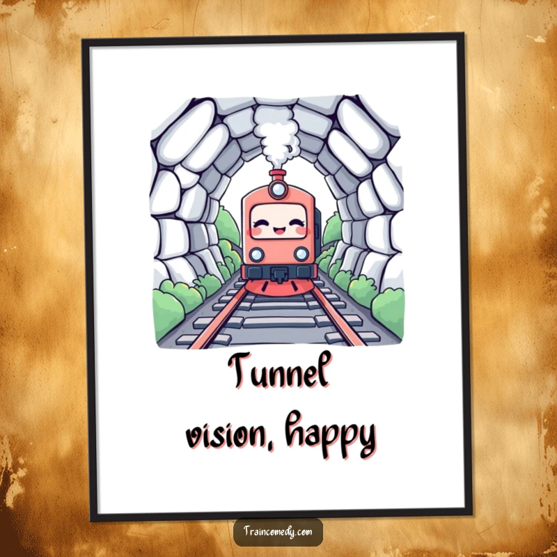 Funny Kawaii Train Poster: A giggling kawaii train enters a tunnel, conveying excitement and playful humor.