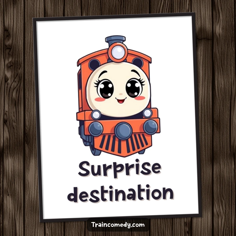 Funny poster featuring a stylized train engine with a hilariously surprised expression and wide-open eyes, perfect for wall decor.