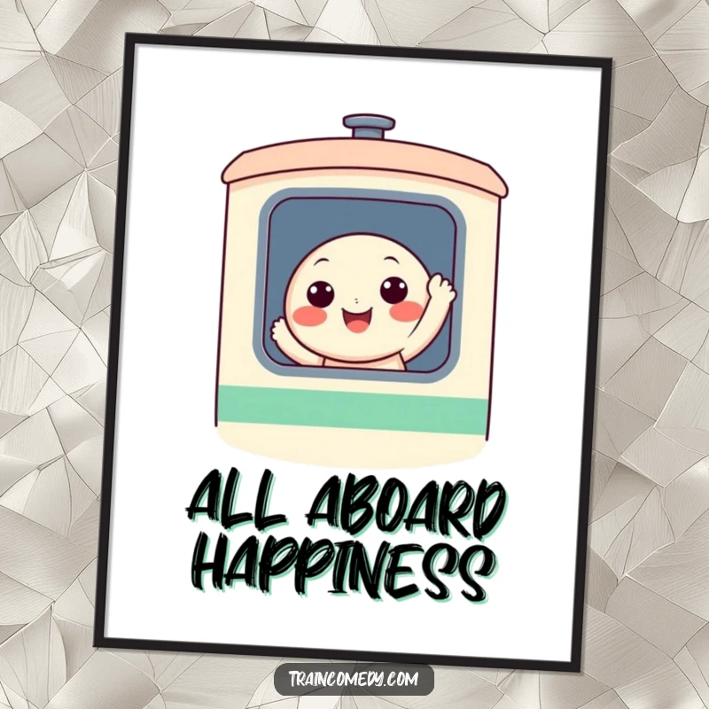 A cheerful, round character with a wide smile waving from a stylized train window, presented as a vibrant and funny poster.
