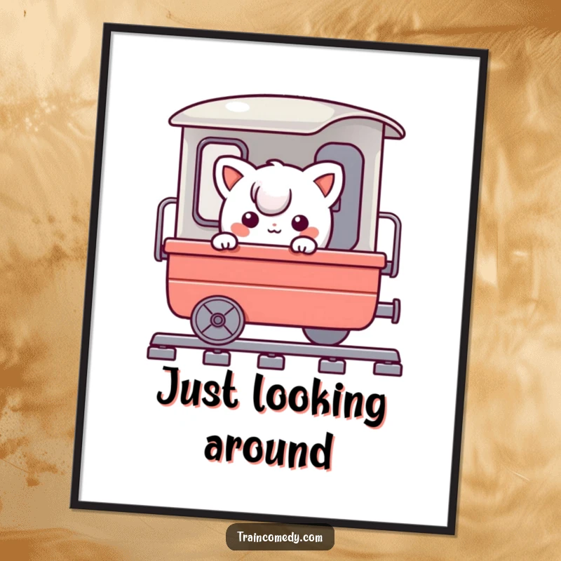 Funny poster depicting a playful character comically peeking around a train cart, evoking a sense of journey and lighthearted fun.
