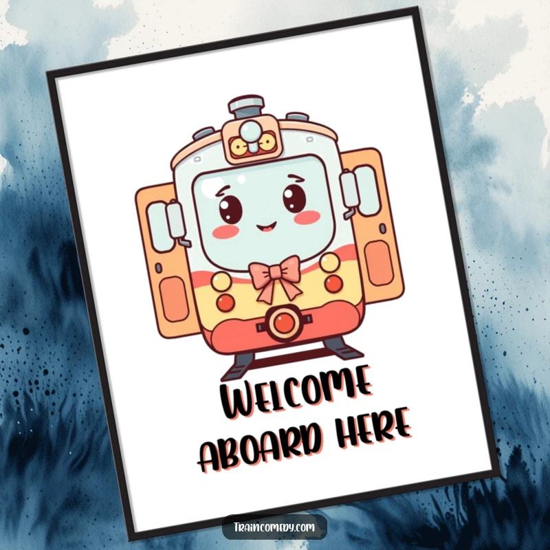 Funny Train Poster: A polite train character bows with open doors, inviting viewers into a world of funny adventures.