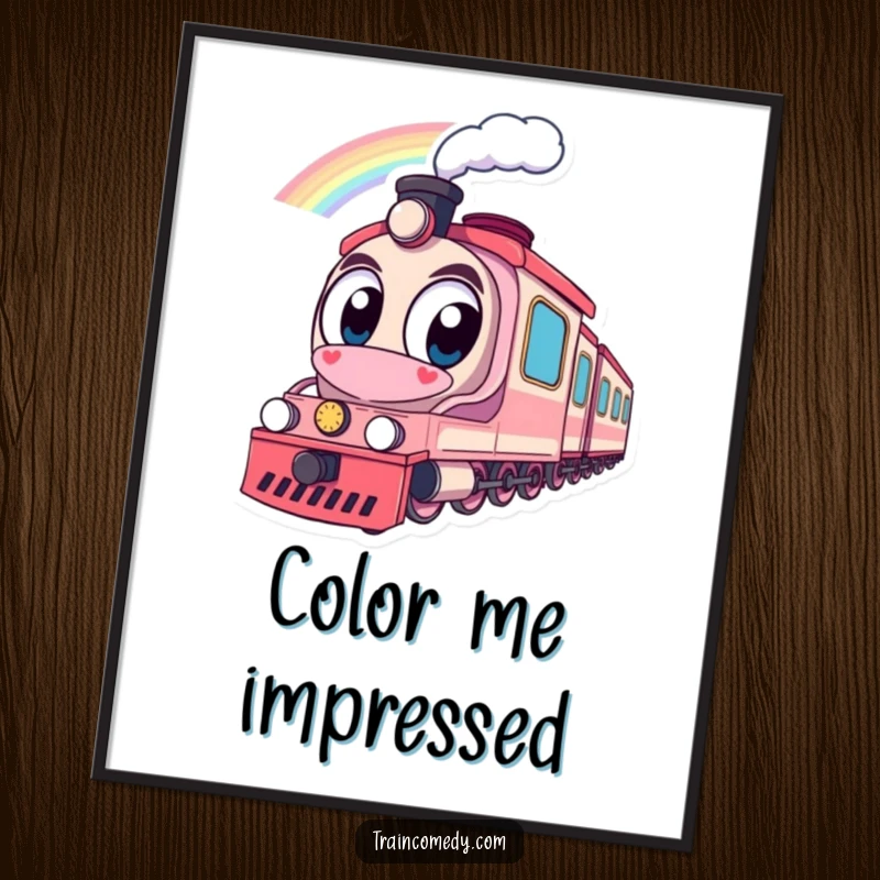 Funny poster featuring a wide-eyed train character gazing at a beautiful rainbow, creating a cheerful and inspiring wall decoration piece.