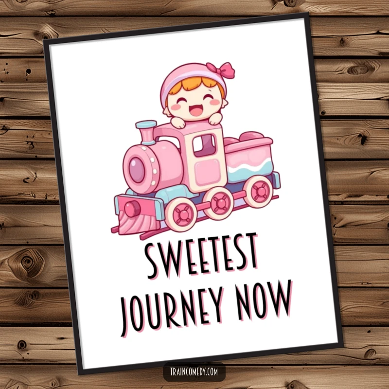 Funny poster art of a joyful character balancing on the roof of a moving train car constructed entirely out of candy.