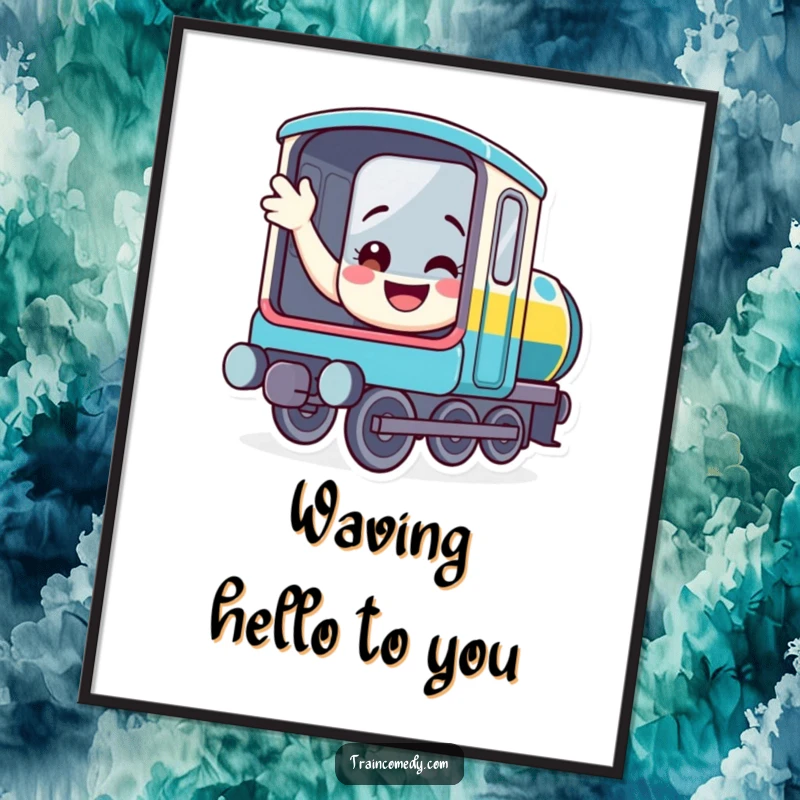 Funny train poster featuring a friendly, smiling locomotive waving from its window, bringing humorous cheer to any wall decor.