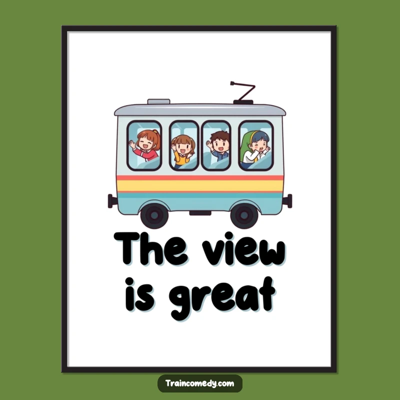 Funny Whimsical Train Poster, Artful Windows, Waving Passengers - Decorate with Humor!