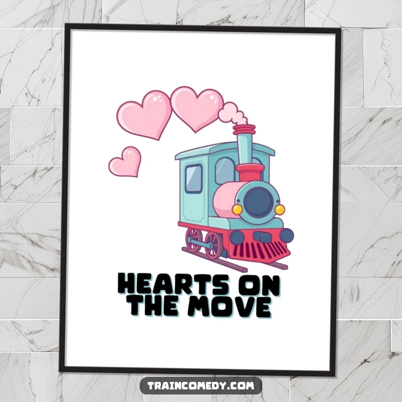 Funny poster featuring a Kawaii train car with smoke artfully shaped like hearts trailing behind it, adding whimsical charm.