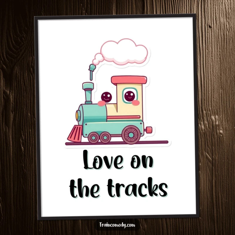 Funny cute train character puffing a heart-shaped cloud, symbolizing love and happiness, a charming and humorous poster.