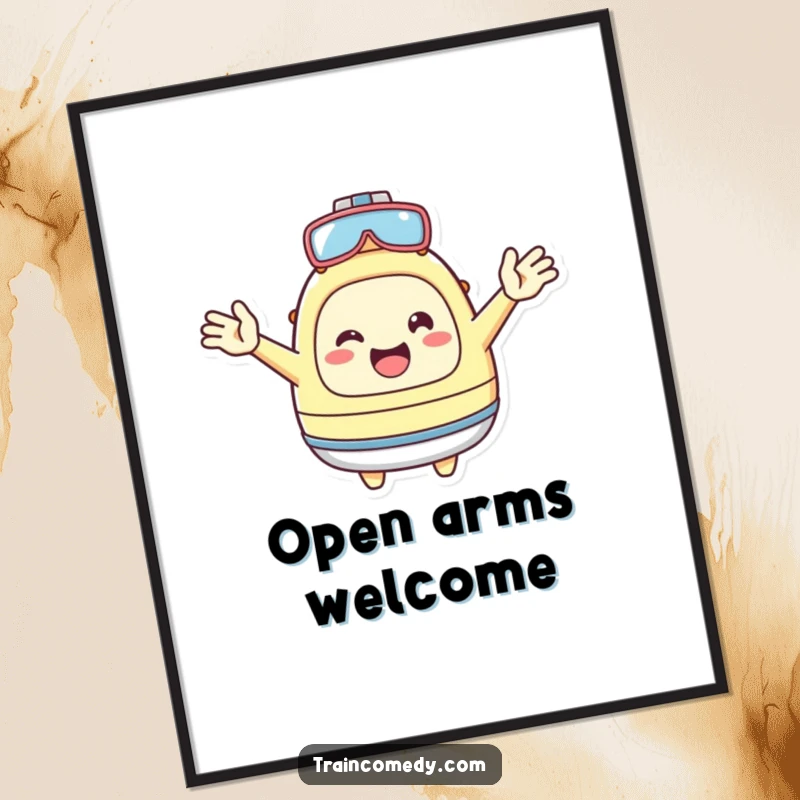 Funny Poster: Cheerful Kawaii character with arms wide, beckoning warmly, perfect for creating a welcoming vibe, a funny gift.