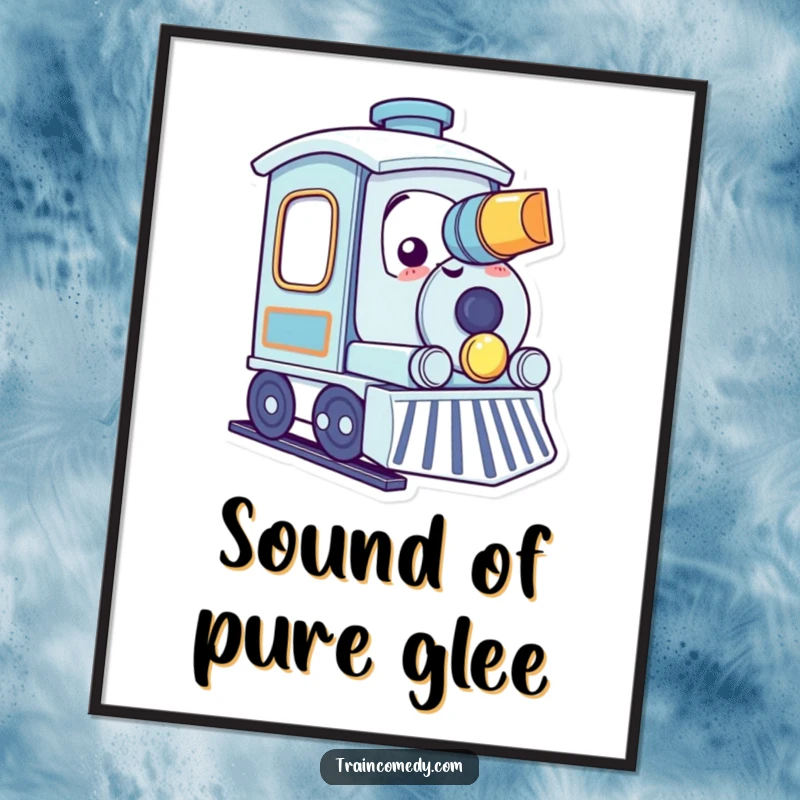 Funny kawaii train character gleefully tooting its horn with a smile, depicted as a cheerful art print.