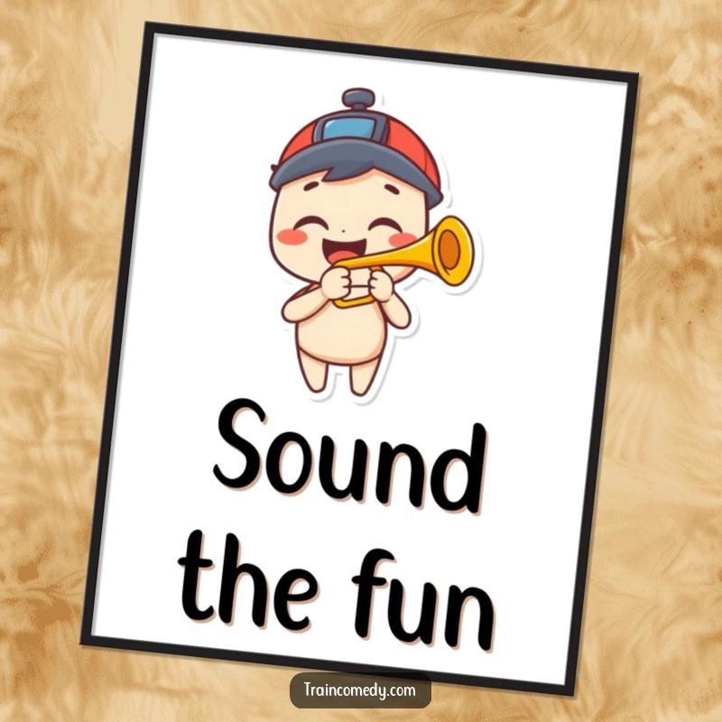 Funny poster art of a happy character with a big grin playing a trumpet that resembles a train horn, conveying musical delight.