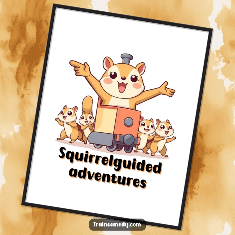 Funny poster featuring a train character with arms outstretched, pulled by flying squirrels, creating a whimsical and adventurous piece of wall art.