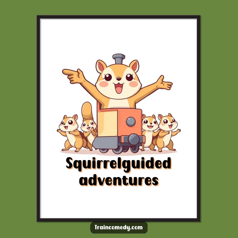 Funny Flying Squirrel Train Poster: Wild Art, Teamwork Decor, Gift Idea