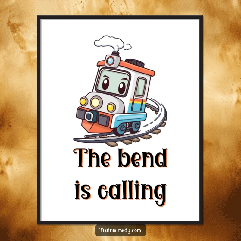 Funny kawaii train character determinedly speeding around a bend, depicted as a dynamic art print.