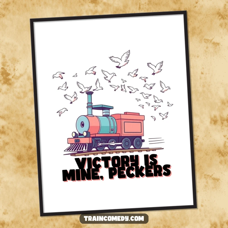 Funny train poster showing a locomotive in a playful race against birds in the sky, a humorous and dynamic piece of wall art.