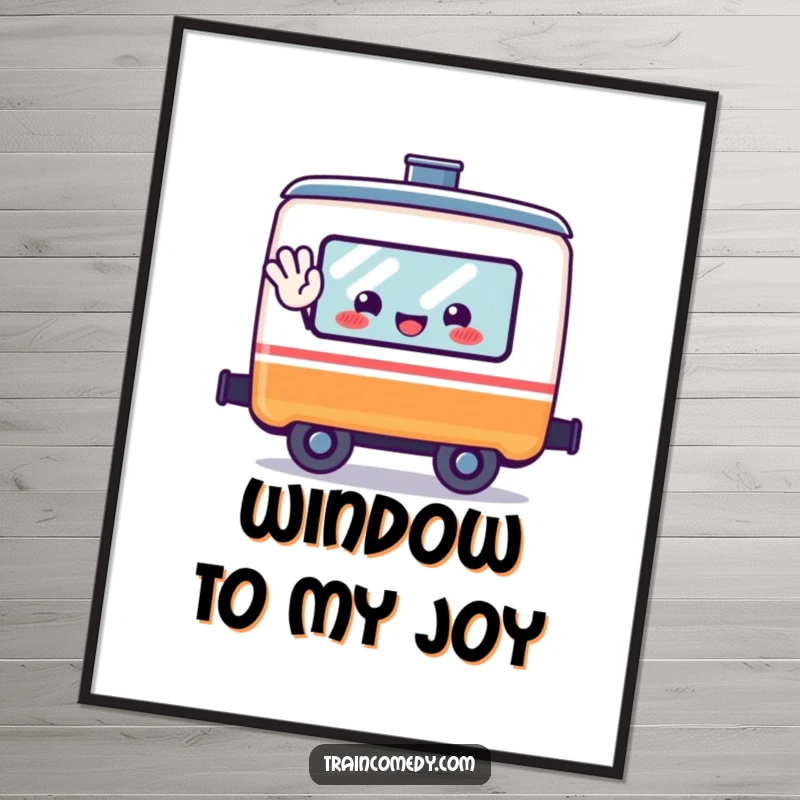 Funny kawaii train car character waving from an open window, depicted as a cheerful art print.