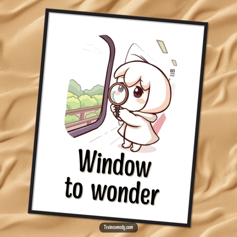 Funny poster art of a curious character with a magnifying glass held to a train window, intently watching the external scenery.