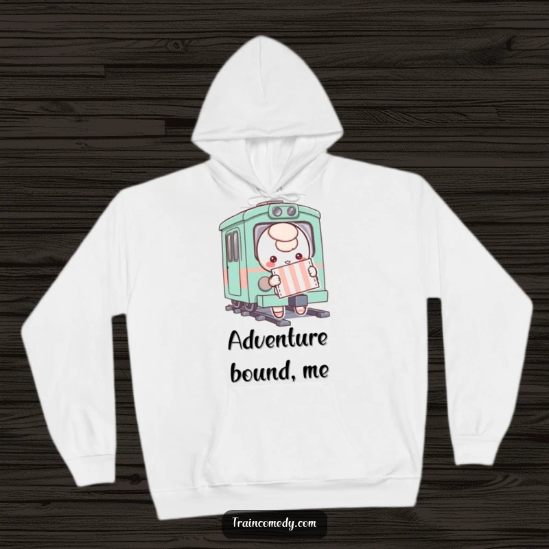 A playful character holding a striped ticket, ready to board a whimsical train, printed on a soft and warm hoodie for ultimate comfort.