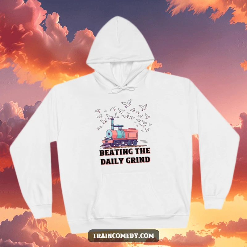Funny train hoodie featuring a locomotive playfully racing birds in the sky, offering humorous warmth and a sense of adventure.