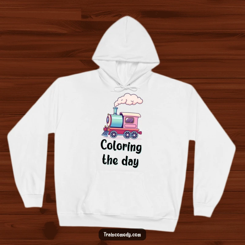 Funny hoodie with a train engine releasing a puff of rainbow smoke. Cozy, colorful, and designed to bring smiles.