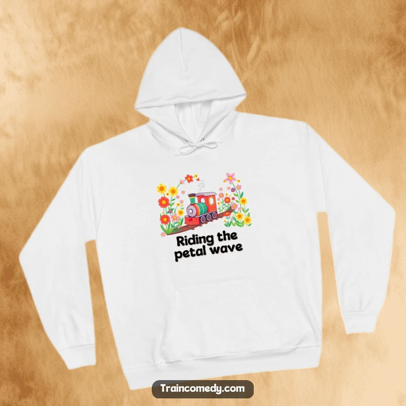 Funny hoodie featuring a happy train navigating a tunnel of bright, colorful flowers, offering warmth and a cheerful aesthetic.