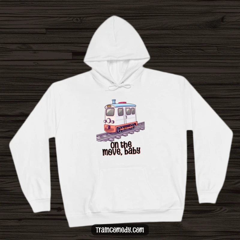 Funny hoodie illustration of a little train car with wheels spinning merrily on tracks, designed for warmth and cheer.