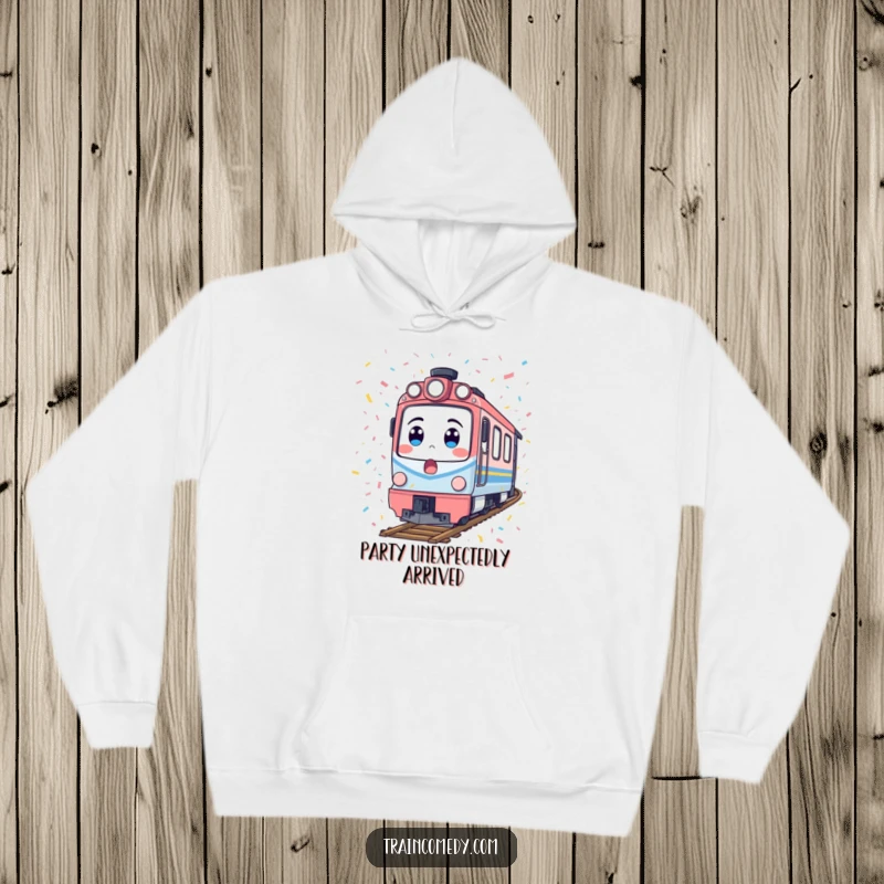 Funny train hoodie featuring a surprised locomotive covered in confetti, offering humorous warmth and a festive feel.