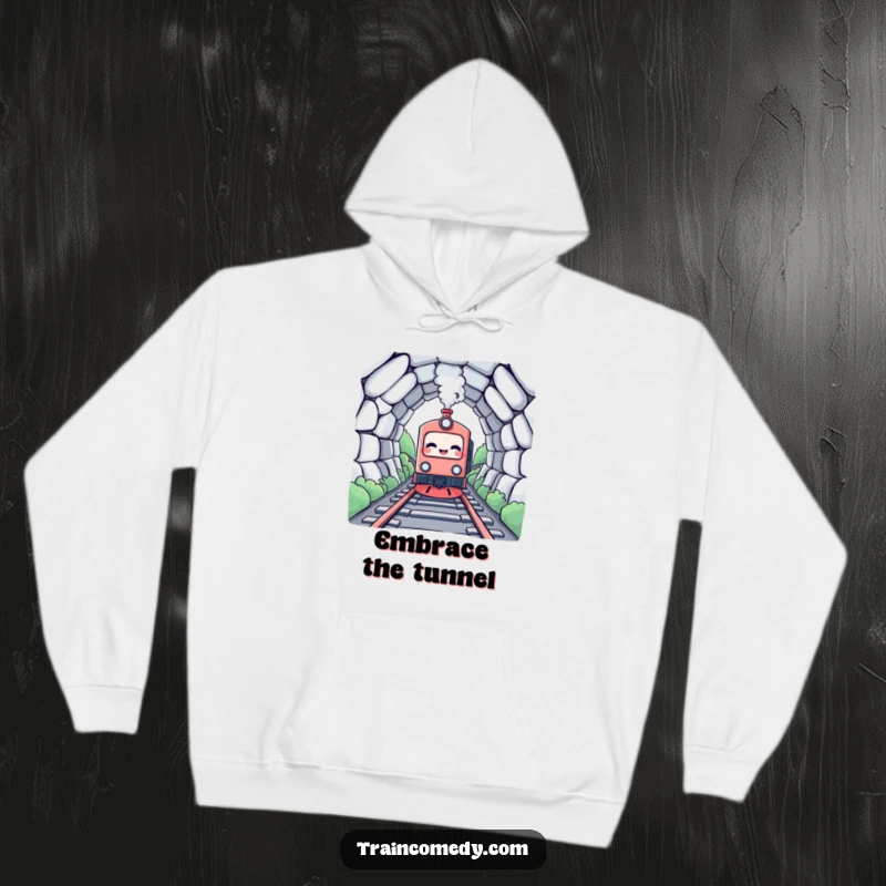 Funny Kawaii Train Hoodie: A giggling kawaii train character is ready to enter a tunnel, offering cozy humor.