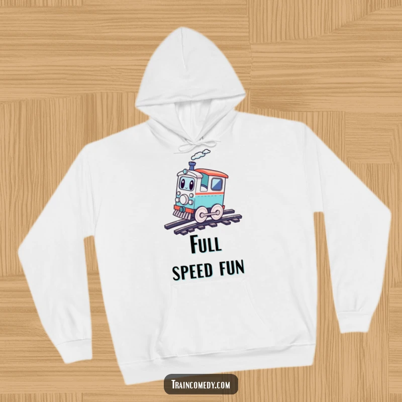 Funny playful train character doing a cartwheel on tracks, radiating energy and fun, perfect for a cozy hoodie.