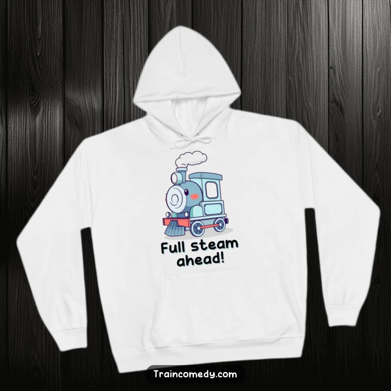 Funny hoodie depicting a joyful cartoon train with steam rising, enthusiastically chugging along, offering warmth and humor.
