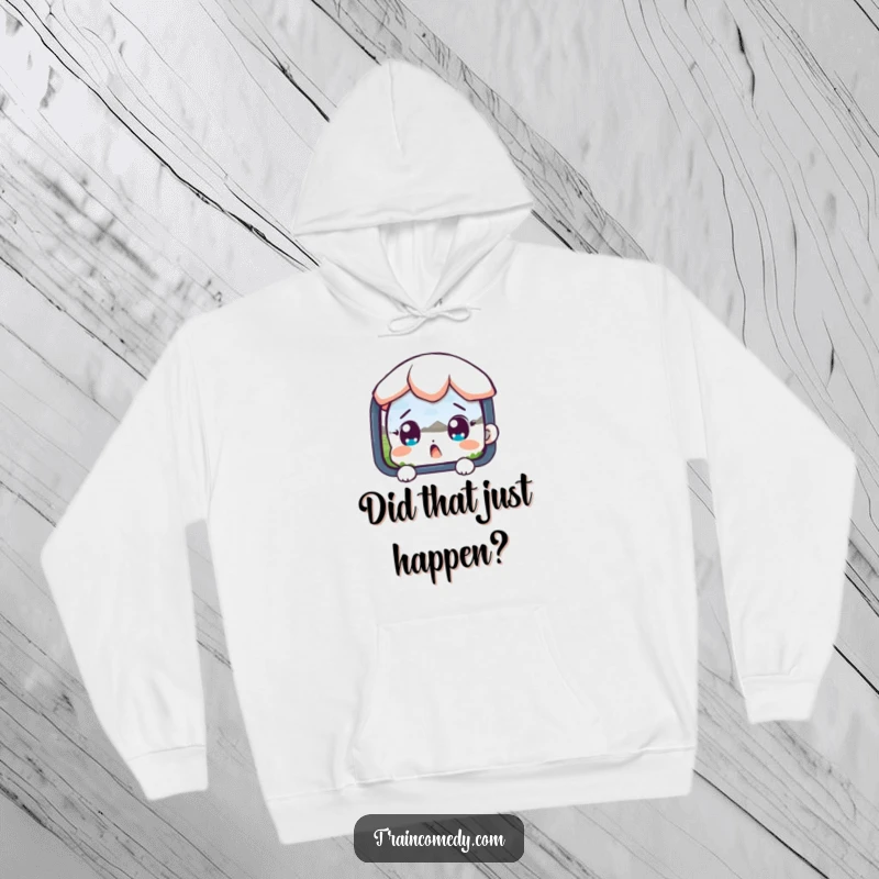 Funny, soft hoodie depicting a surprised character with wide eyes looking out at a beautiful, passing landscape, perfect for cozy travel.