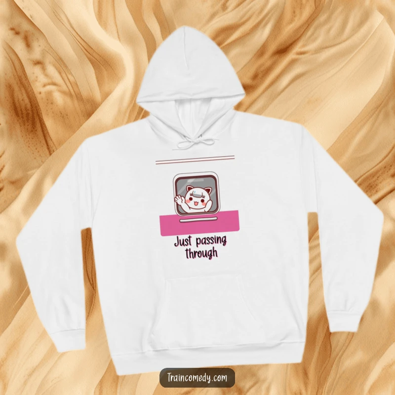 Funny Hoodie: Charming Kawaii character waves enthusiastically from a train window, perfect for travelers, ideal funny gift.
