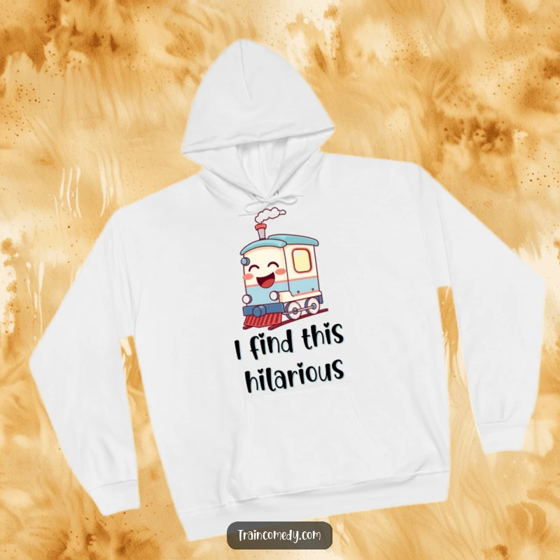 Funny hoodie with a laughing train car venting steam, designed for warmth and guaranteed laughs. A humorous piece of wearable art.