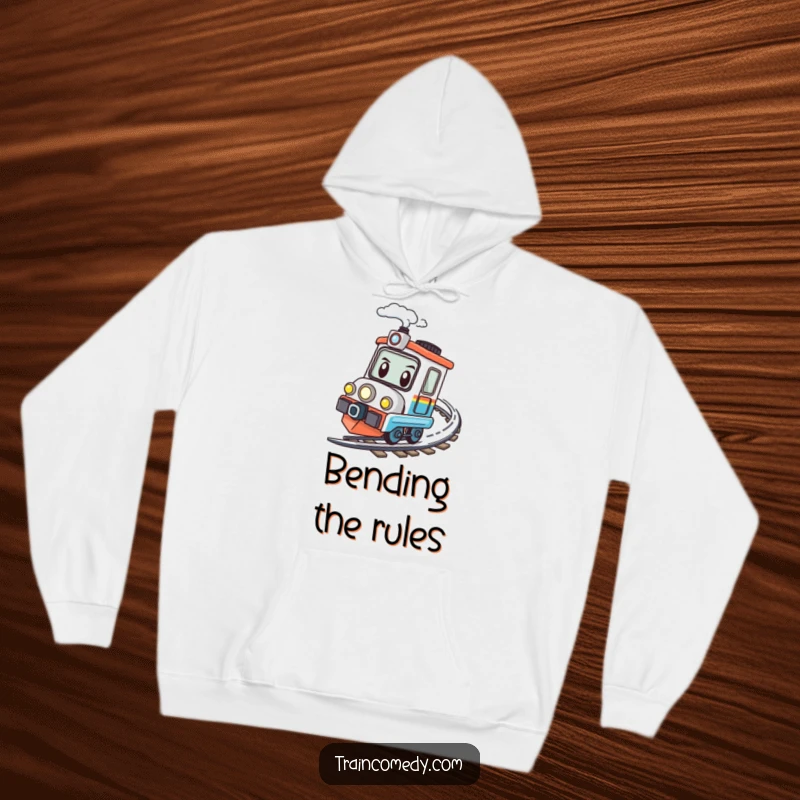 Funny kawaii train character with a determined look speeding around a bend, printed on a comfortable hoodie.