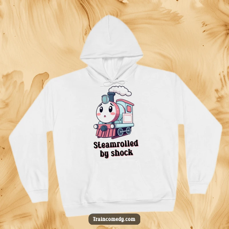 Funny kawaii train engine character puffing steam, looking surprised, printed on a cozy hoodie.