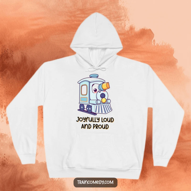 Funny kawaii train character happily tooting its horn with a smile, printed on a comfortable hoodie.