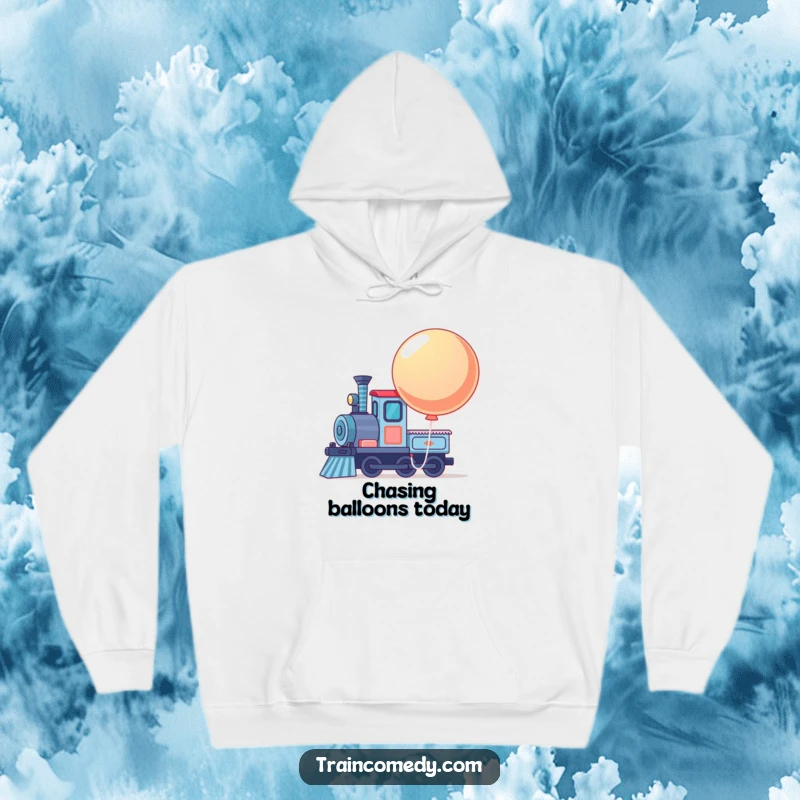 Cozy funny hoodie featuring a train engine with a large, bouncing balloon tied to its front.