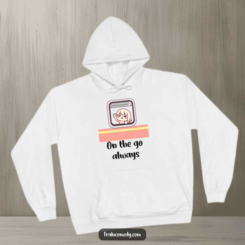 Funny hoodie featuring a cute character comically waving from inside a stylized train window, ready for adventure.