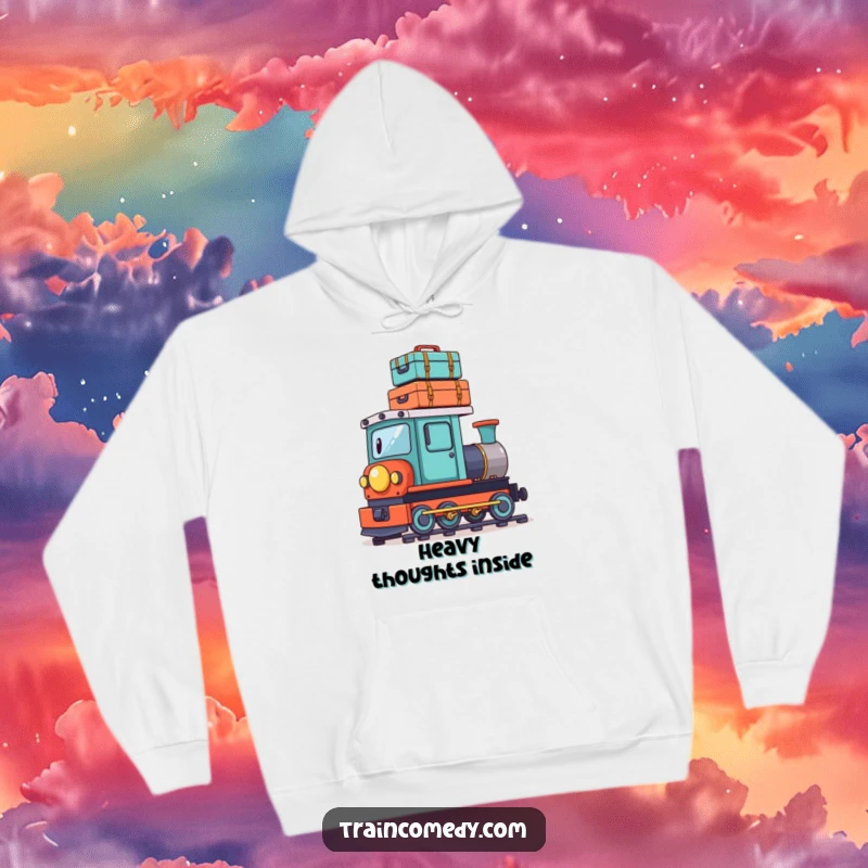 Funny hoodie with a playful train character precariously balancing a stack of tiny suitcases on its roof, combining comfort and travel humor.