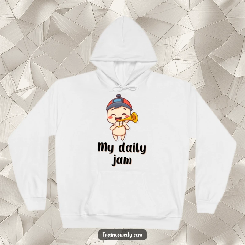 Funny hoodie showing a happy character with a wide grin, enthusiastically playing a trumpet designed to look like a train horn.