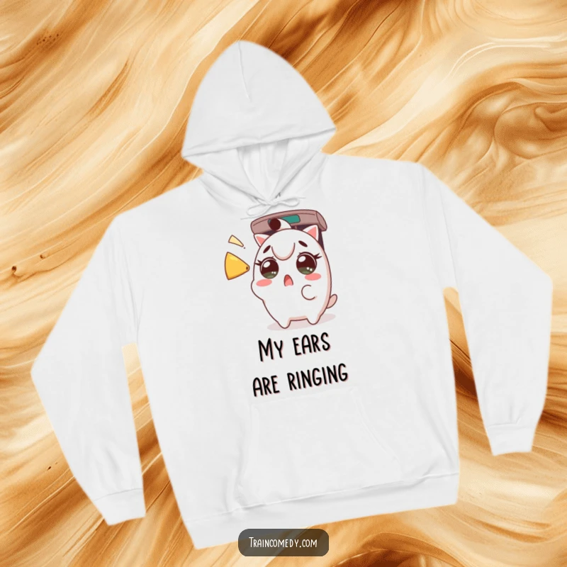 Funny Hoodie: Startled Kawaii character eyes wide from a train horn, perfect for unexpected moments, a cozy funny gift.