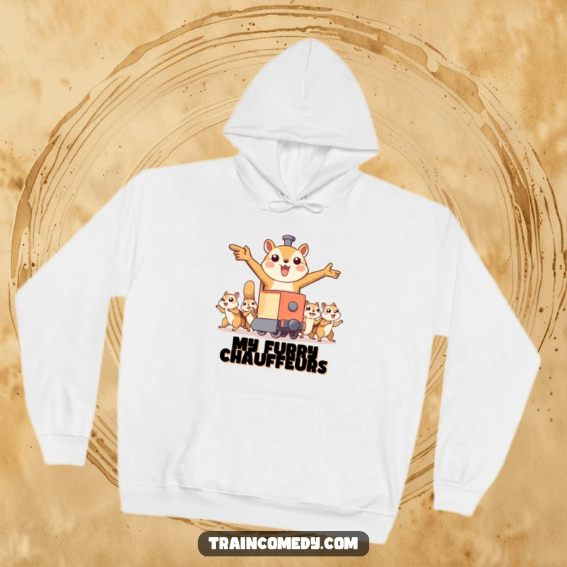 Funny hoodie featuring a train character with outstretched arms being pulled by flying squirrels, offering warmth and a unique, adventurous design.