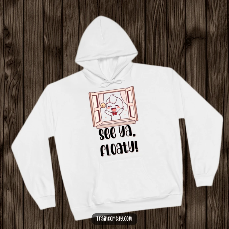 Funny, soft hoodie depicting a giggling character playfully tossing a plush toy out of a window, offering warmth and humor.