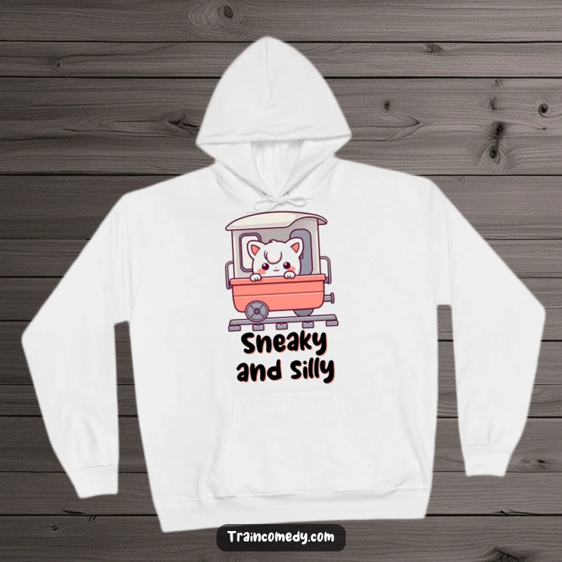 Funny hoodie featuring a playful character comically peeking around a train cart, offering warmth and a sense of whimsical adventure.