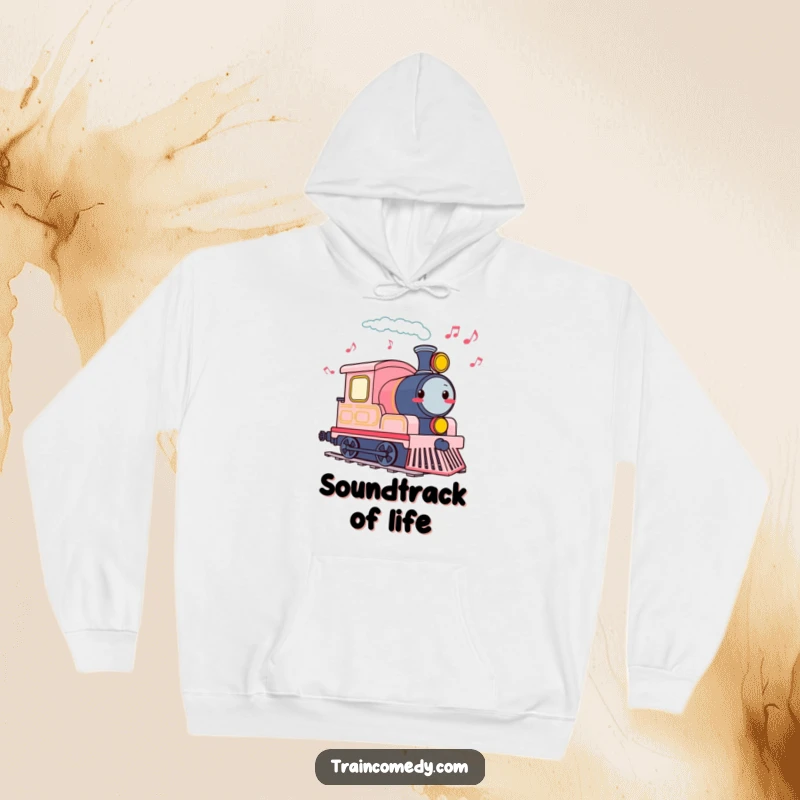 Funny hoodie showing a cheerful train engine tooting its whistle, leaving a trail of music notes.